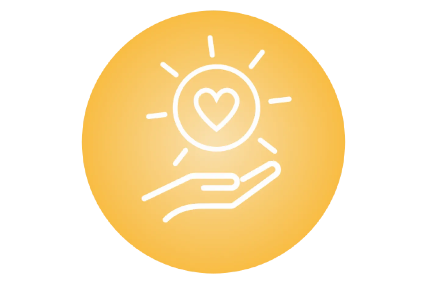 Image of a hand holding a sun with a heart in the middle in front of a glowing yellow background