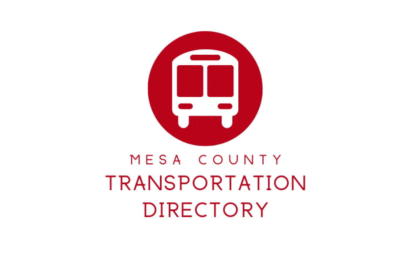 White trolley icon in red circle. Text below reads "Mesa County Transportation Directory"