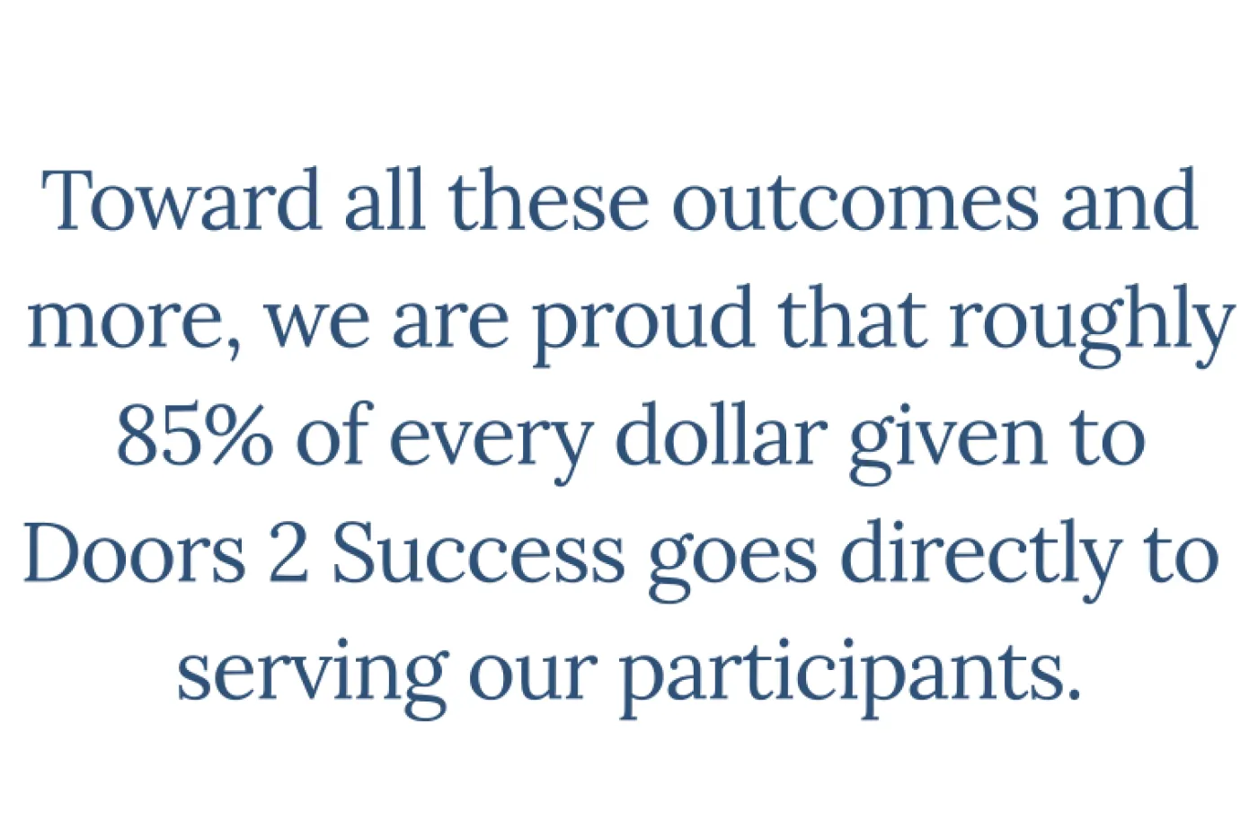 Text reads: Toward all these outcomes and more, we are proud that roughly 85% of every dollar given to Doors 2 Success goes directly to serving our participants.